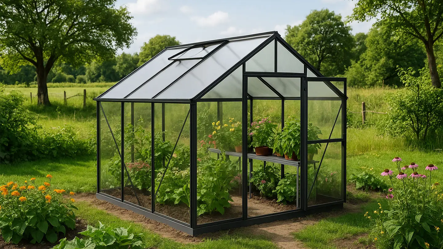 6x8 drivhus i en landhage